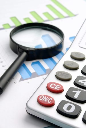on the desk calculator, graphics, and a magnifying glass
